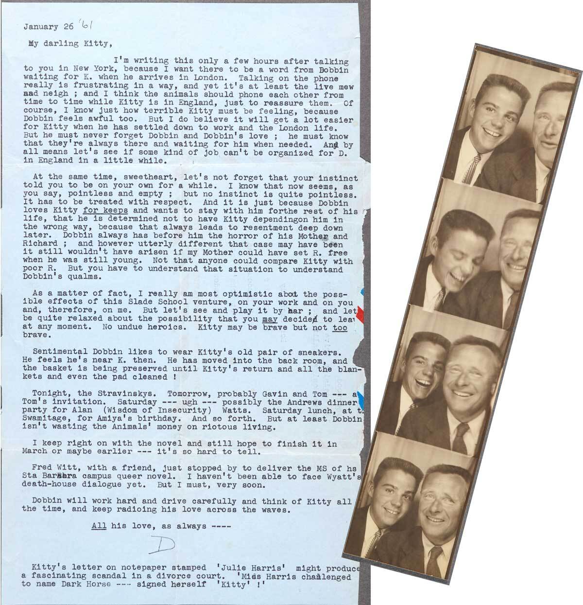 Christopher Isherwood’s letter to Don Bachardy dated January 26, 1961 and photo booth photos of Don Bachardy and Christopher Isherwood dated March 30, 1953 | The Huntington Library, Art Museum, and Botanical Gardens