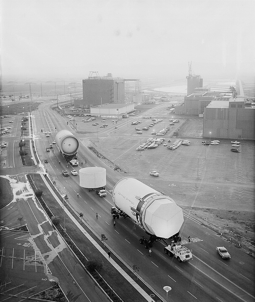 Parts of Saturn V’s second rocket stage, North American Rockwell’s S-II, being trucked along Seal Beach Boulevard. | Courtesy of SealBeachHistory.com