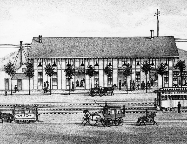 1880 drawing of the Pacific Hotel next to the Southern Pacific depot, showing an East Los Angeles-bound streetcar. Courtesy of the Photo Collection, Los Angeles Public Library.