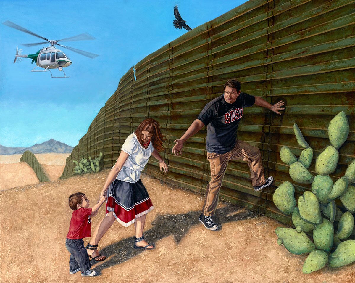 "In Search of a New Home" by Eric Almanza is featured in the exhibitions "E Pluribus Unum: Out of Many, One," at Studios on the Park in Paso Robles, and "Art as Resistance: Paintings in Protest of a Trump Presidency" at Avenue 50 Studio in Los Angeles. |