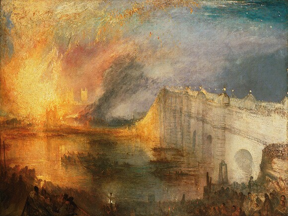 Joseph Mallord William Turner (British, 1775 - 1851), "Burning of the Houses of Lords and Commons," October 16, 1834, exhibited 1835. Oil on canvas. Courtesy of the Philadelphia Museum of Art: The John Howard McFadden Collection, 1928.