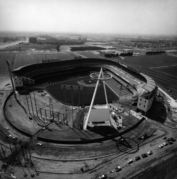 Aerial view of Anaheim Stadium under construction in 1966. Courtesy of the Security Pacific National Bank Collection, Los Angeles Public Library.