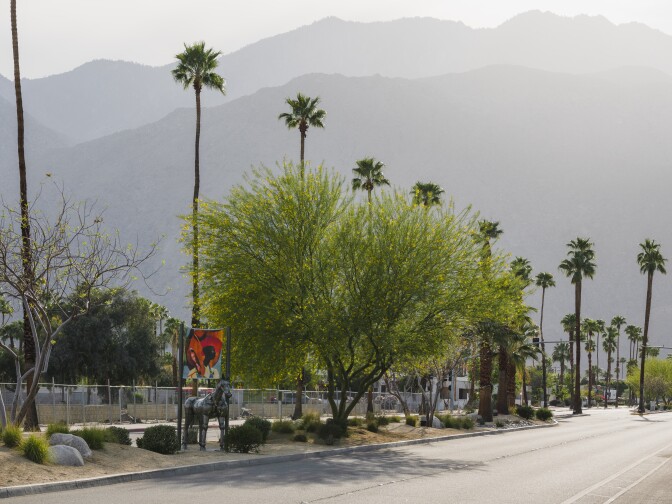 Christopher Myers' "The Art of Taming Horses" is installed at Tahquitz Canyon Way in Palm Springs for Desert X 2021.
