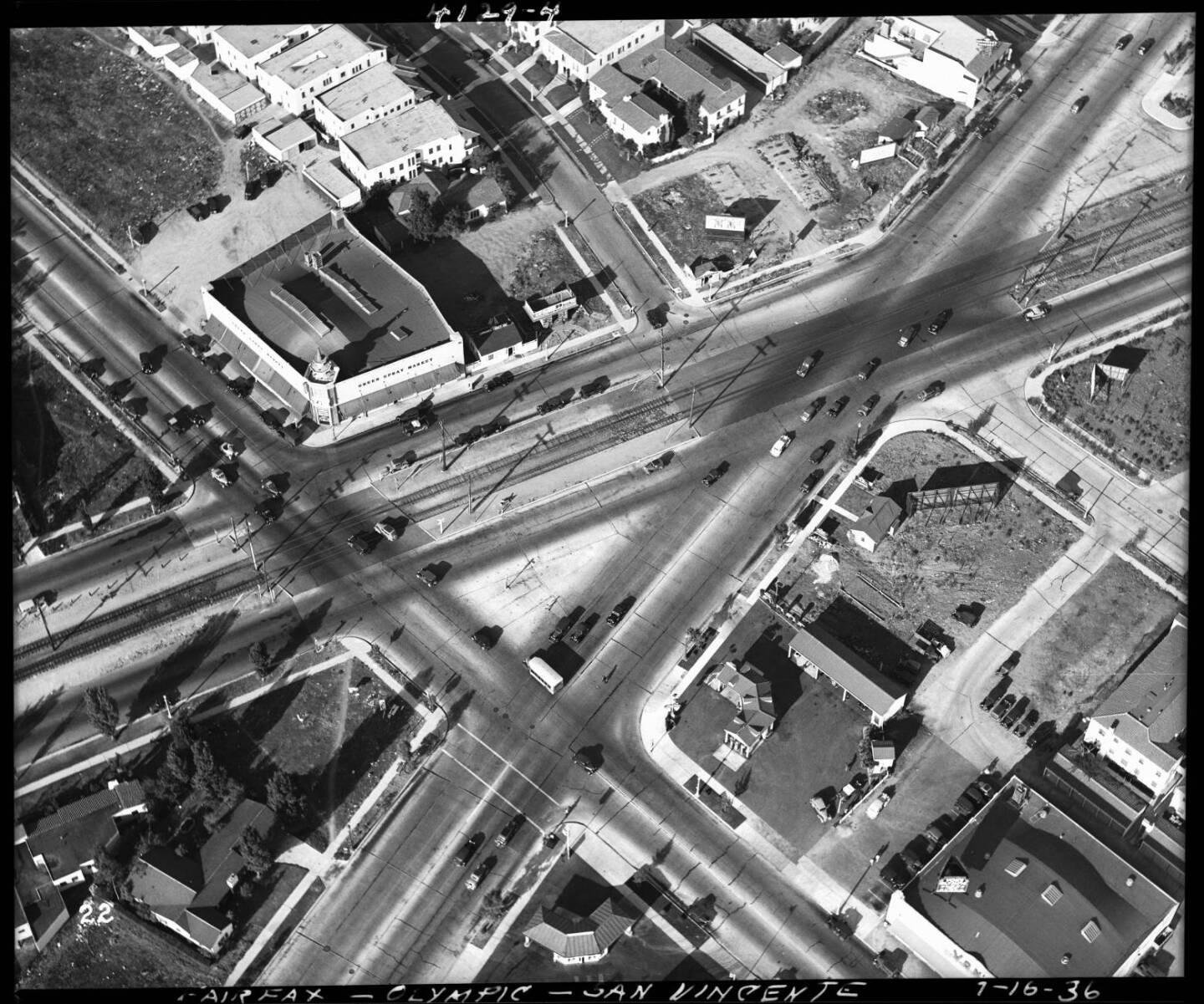 Many streetcar boulevards cut across the street grid at odd angles, creating complicated intersections, like that of San Vicente, Fairfax, and Olympic, seen here in 1936. Courtesy of the Automobile Club of Southern California Archives.