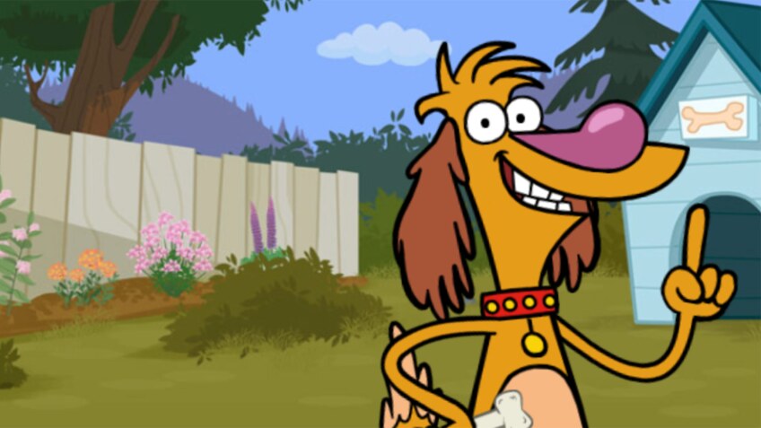 Cartoon dog stands in front of a dog house.