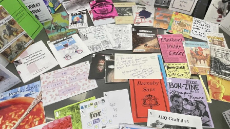 The Emergence of the Queer Zine in Los Angeles, photo of 10-20 zines laid out on a table 