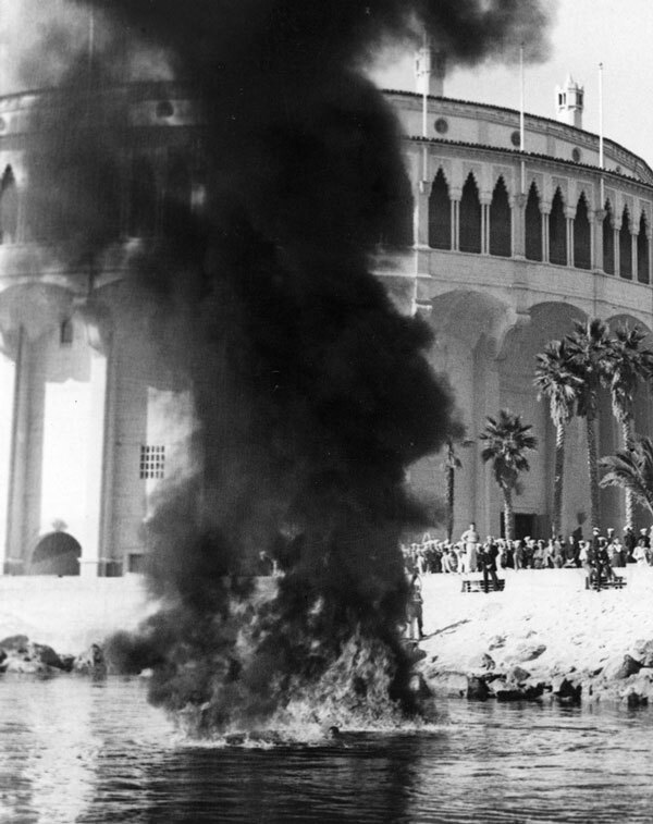 An oil fire in front of the Catalina Casino. Courtesy of the Catalina Island Museum.