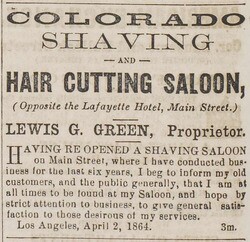 Lewis Green's 1864 ad in the Los Angeles Star for his 'Hair Cutting Saloon'.