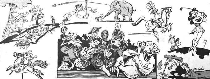 "Mr. and Mrs. Los Angeles, their children and their relatives, move en masse in mammoth Griffith Park on week ends." | Drawing by Bill MacArther for LA Mirror May 29, 1954