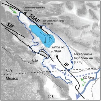 Salton Sea boundaries and outline of Lake Cahuilla, with major area faults | Scripps Institution