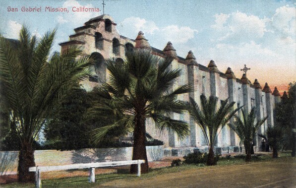 Postcard circa 1910 depicting San Gabriel Mission. Courtesy of the Werner von Boltenstern Postcard Collection, Loyola Marymount University Library, Department of Archives and Special Collections