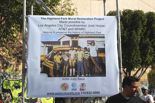 Jose Huizar at tagged Highland Park Mural during ceremony announcing restoration in Jan. 2011 I Photo courtesy of District 14